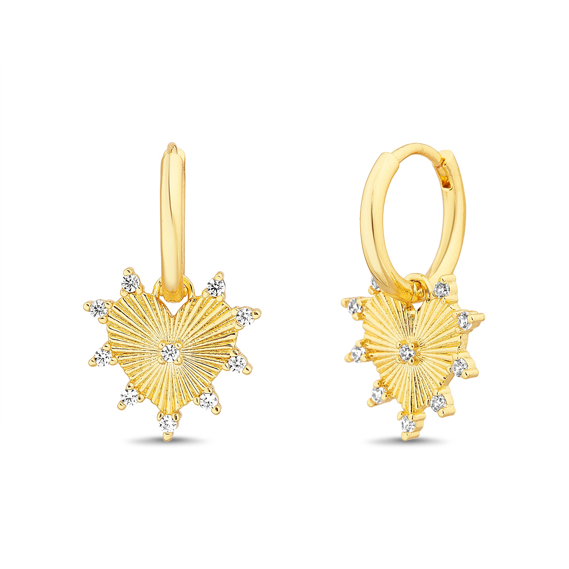 Gold CZ Heart Dangle Hoop Earrings